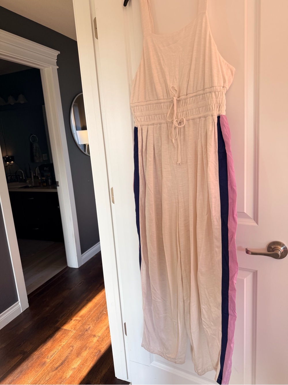 Flowy Cream Striped-Detail Jumpsuit with Drawstring Waist - Picture 2 of 6